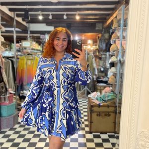 Blue and White Pattern Short Dress
