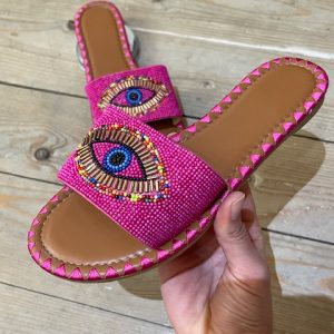 Beaded eye symbol sandal in fuschia