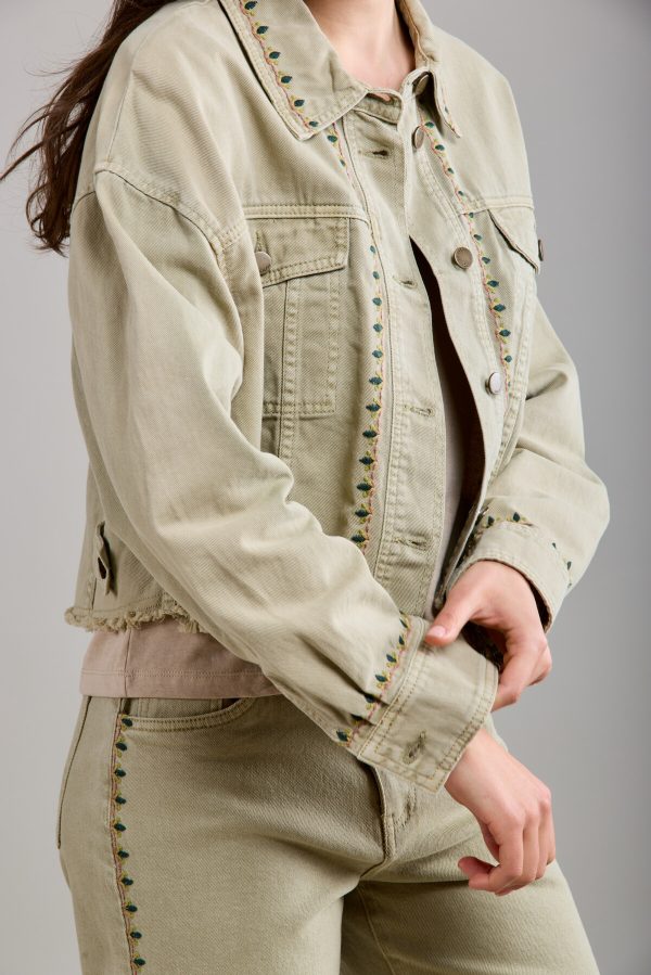 Toxik Embroidered Denim Jacket in Khaki