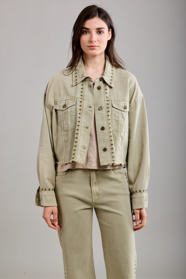 Toxik Embroidered Denim Jacket in Khaki