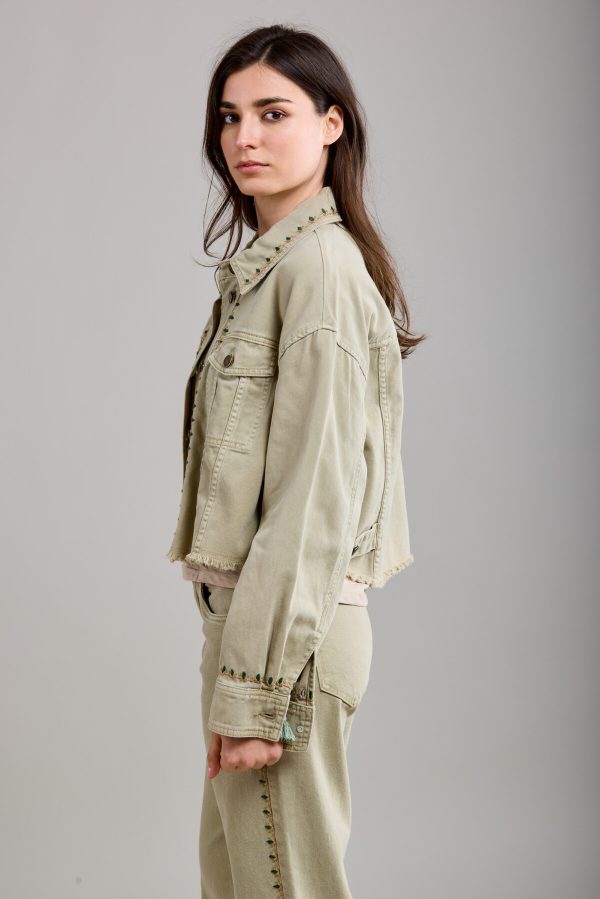 Toxik Embroidered Denim Jacket in Khaki