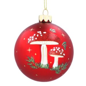 Glass Bauble 8cm - Matt Red with Toadstools