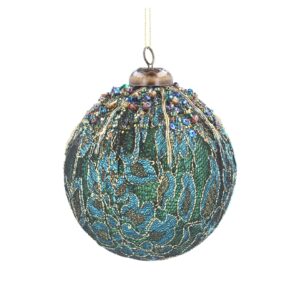 Beaded Bauble 10cm - Blue/Teal Flowers