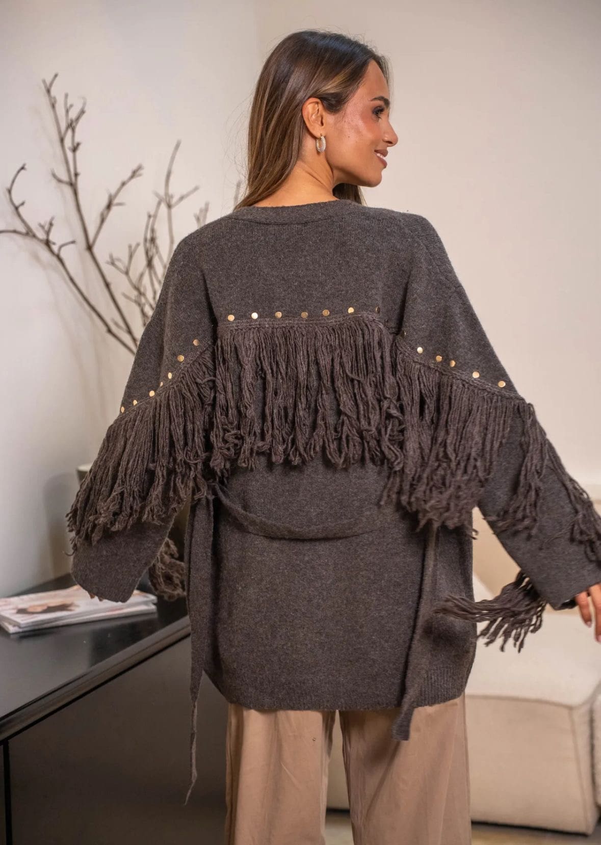 Fringed Knit Stud Detailed Cardigan in 3 Colours - Image 2