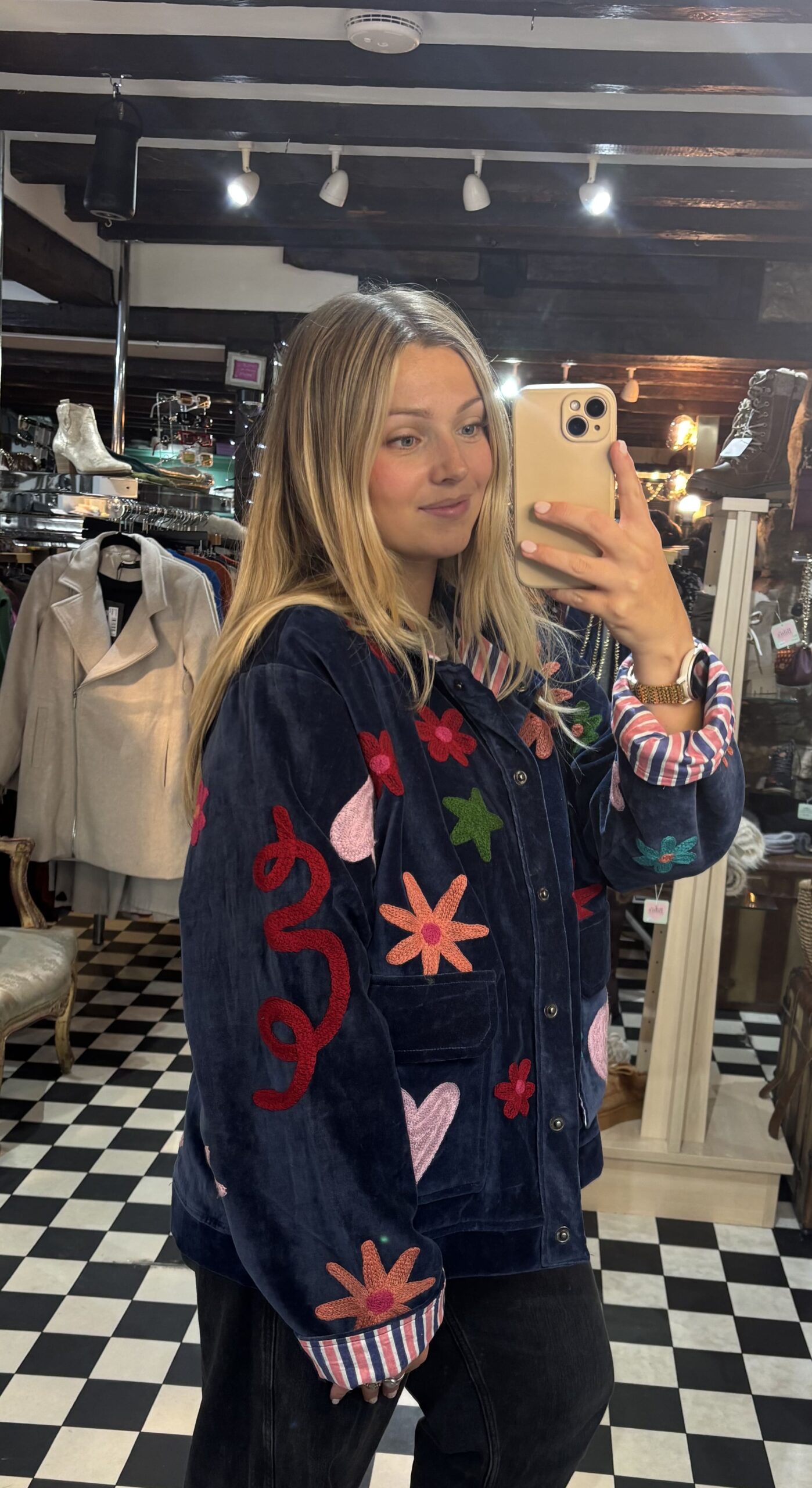 Hearts & Flowers Velvet Style Navy Jacket - Image 2