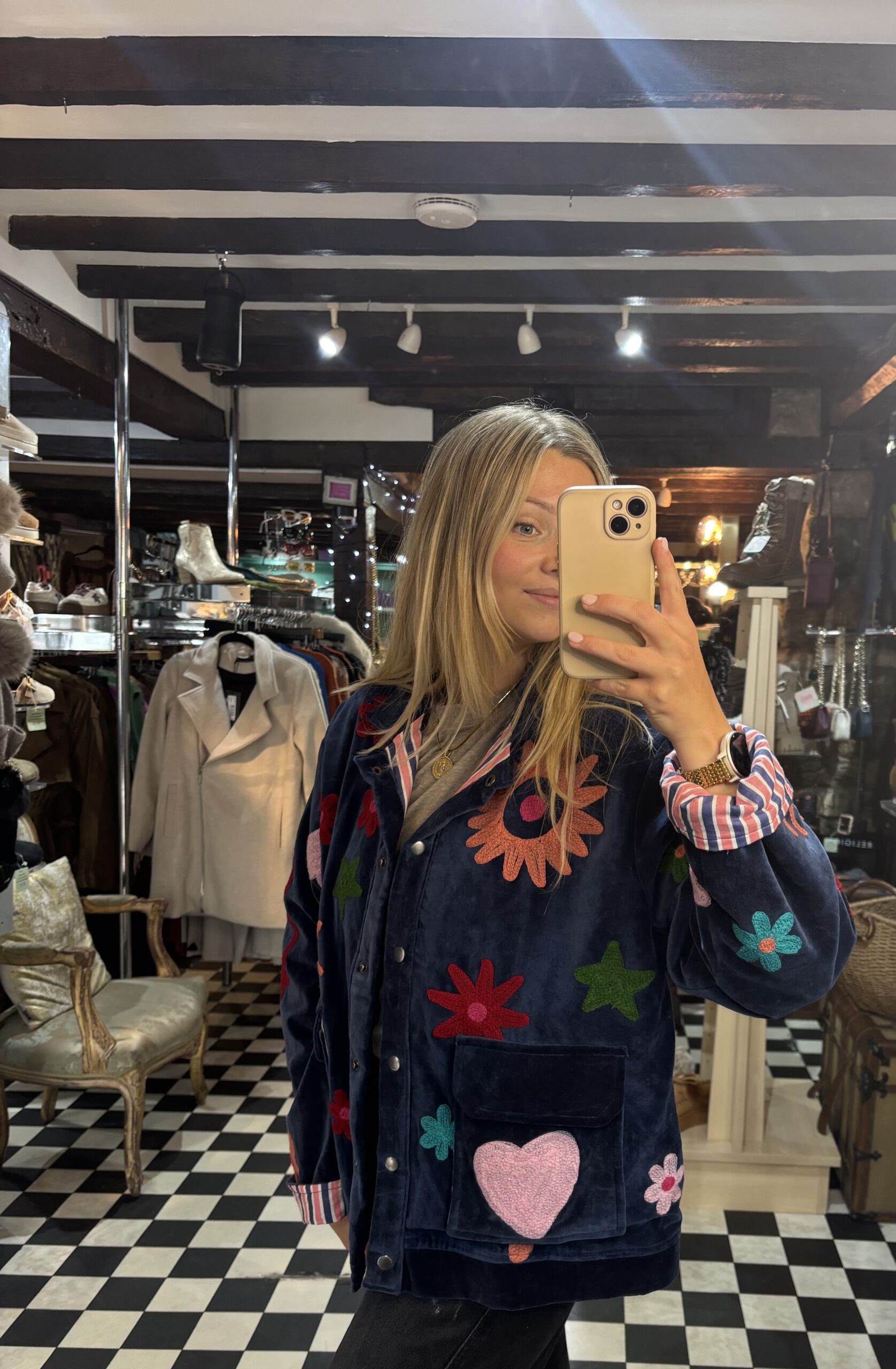 Hearts & Flowers Velvet Style Navy Jacket - Image 3
