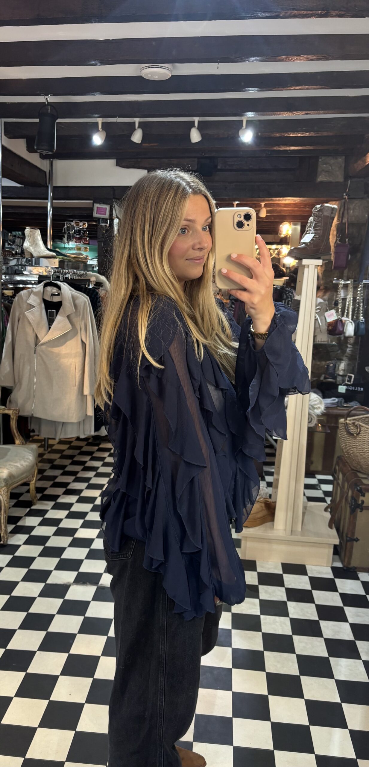 Navy Sheer Ruffle Blouse - Image 2