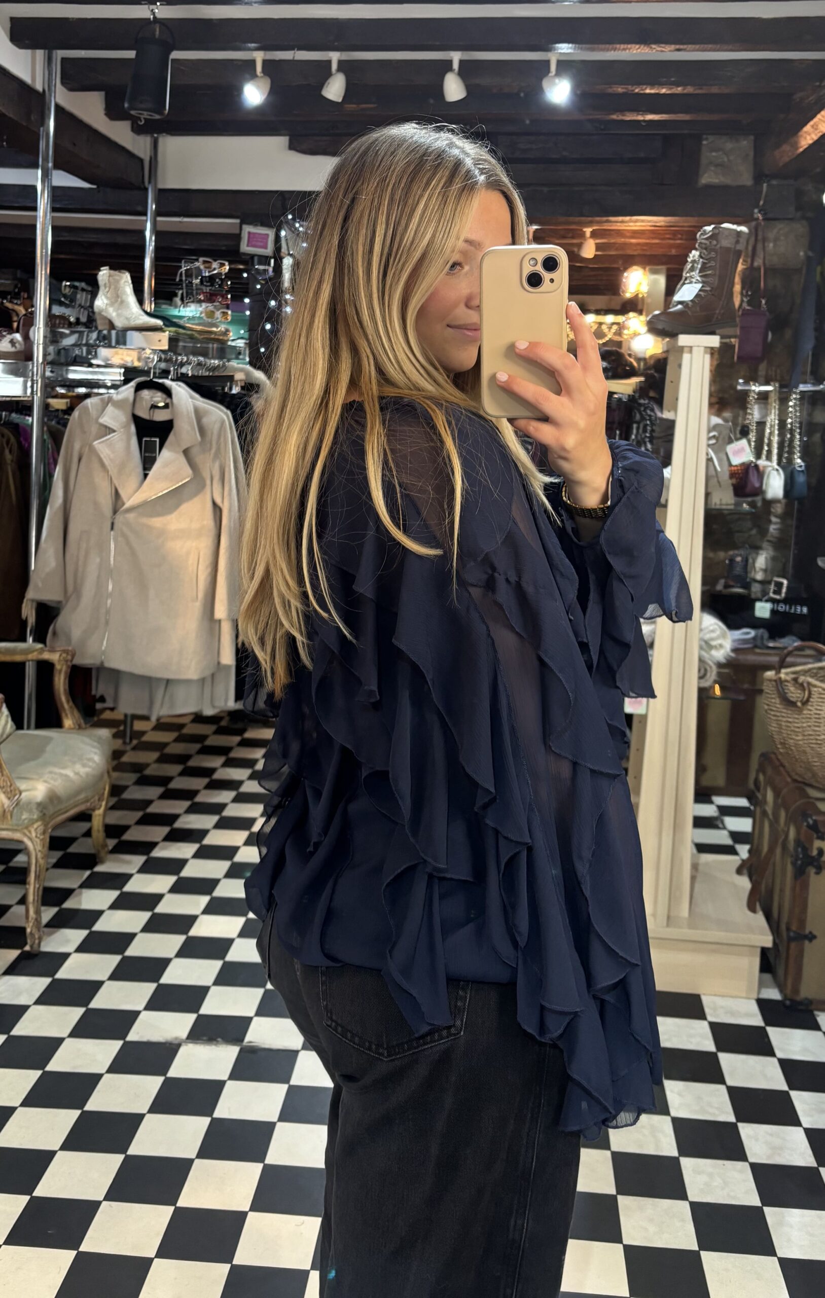 Navy Sheer Ruffle Blouse - Image 3