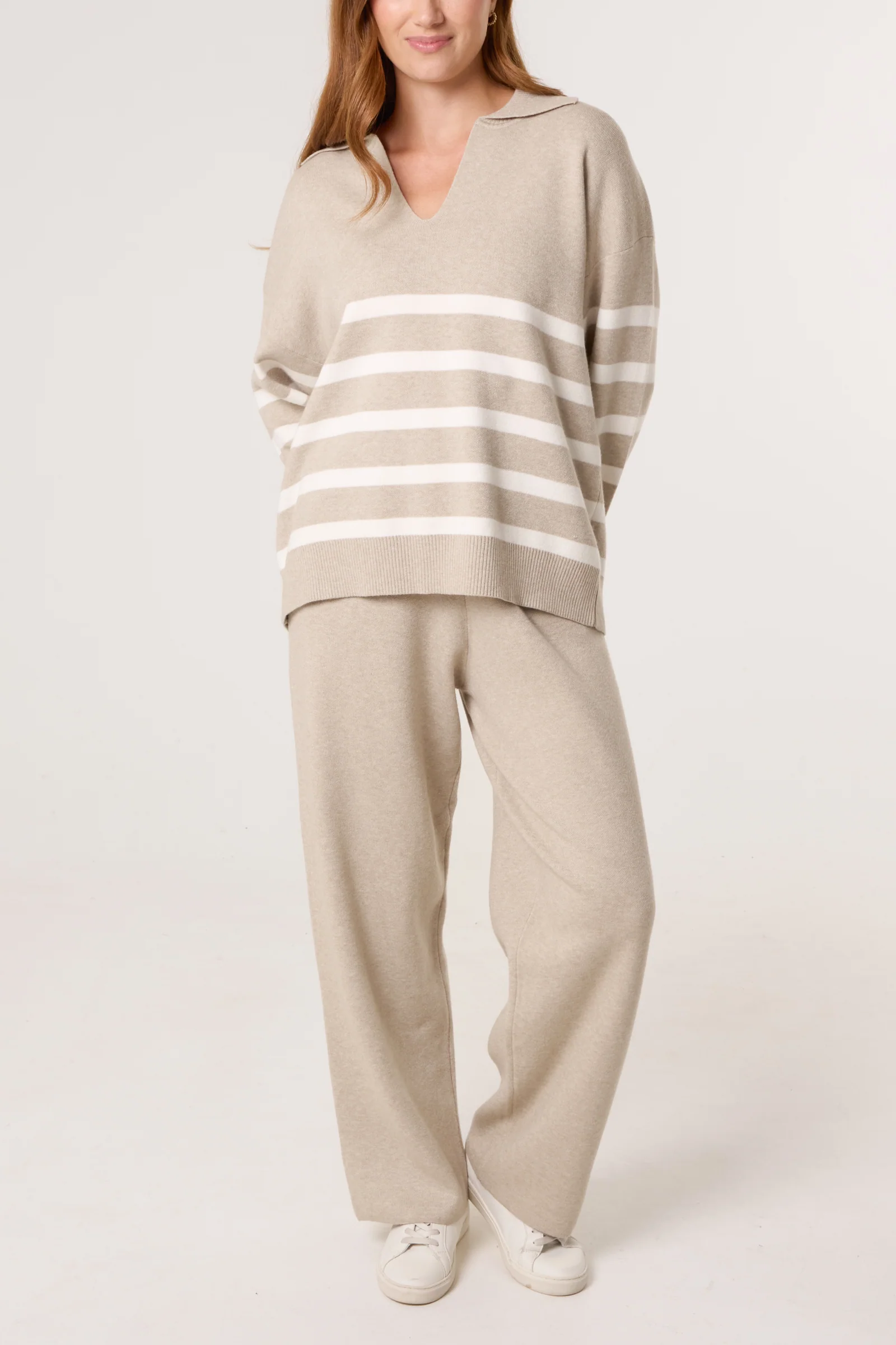 OPEN COLLAR STRIPED JUMPER & TROUSER KNITTED SET