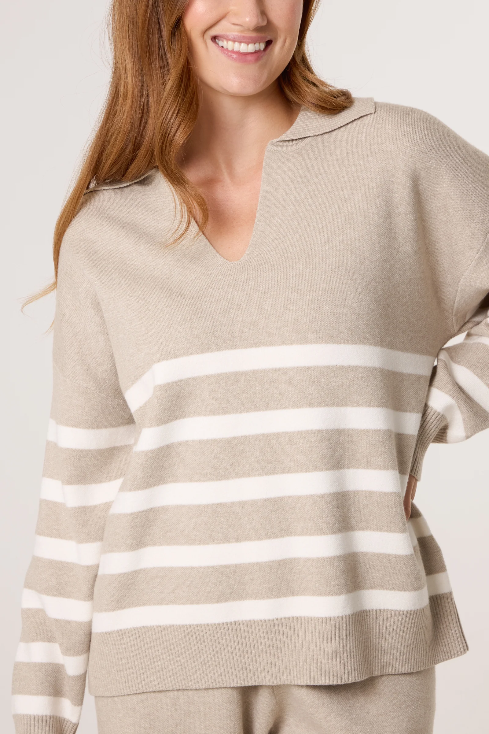 OPEN COLLAR STRIPED JUMPER & TROUSER KNITTED SET