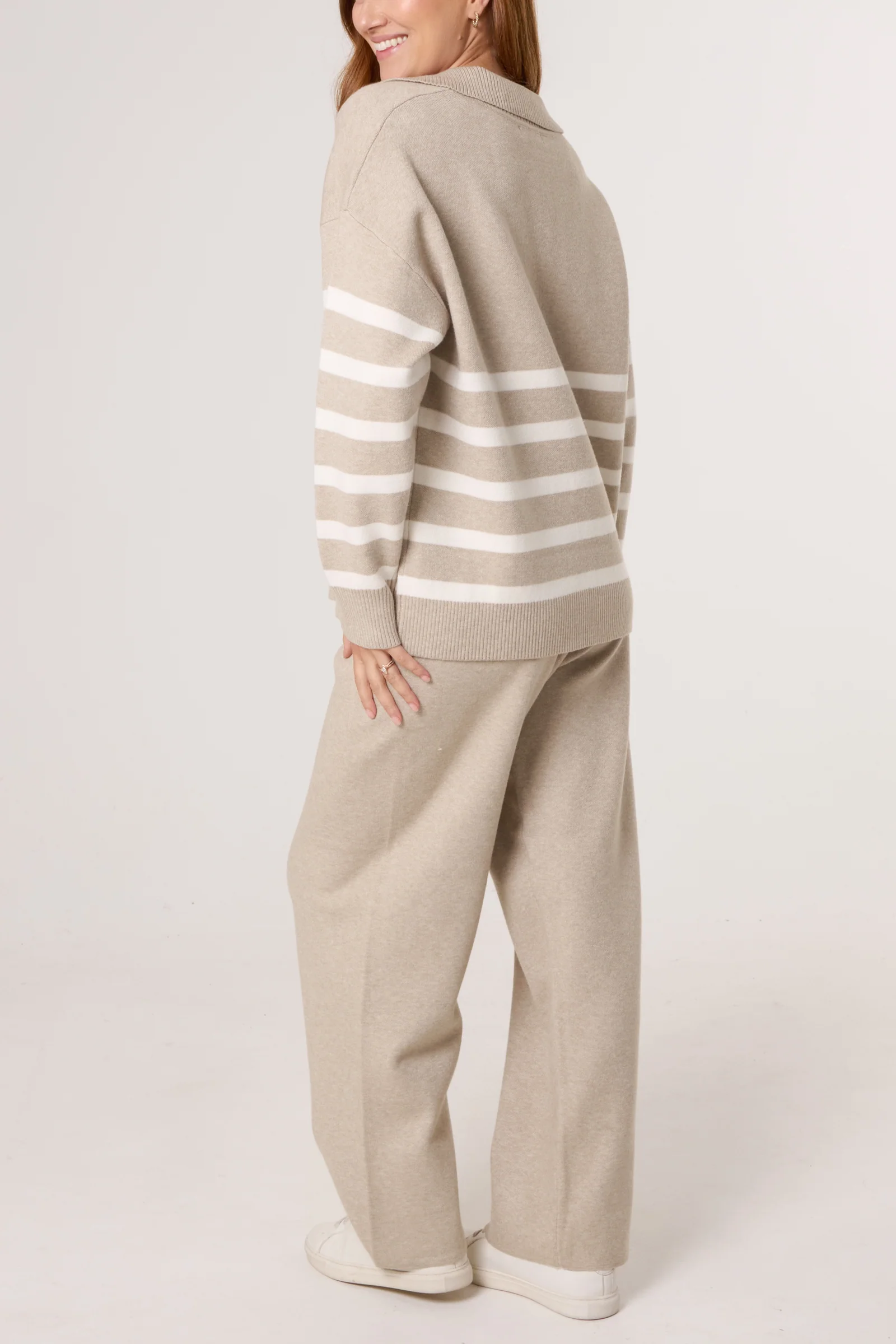 OPEN COLLAR STRIPED JUMPER & TROUSER KNITTED SET