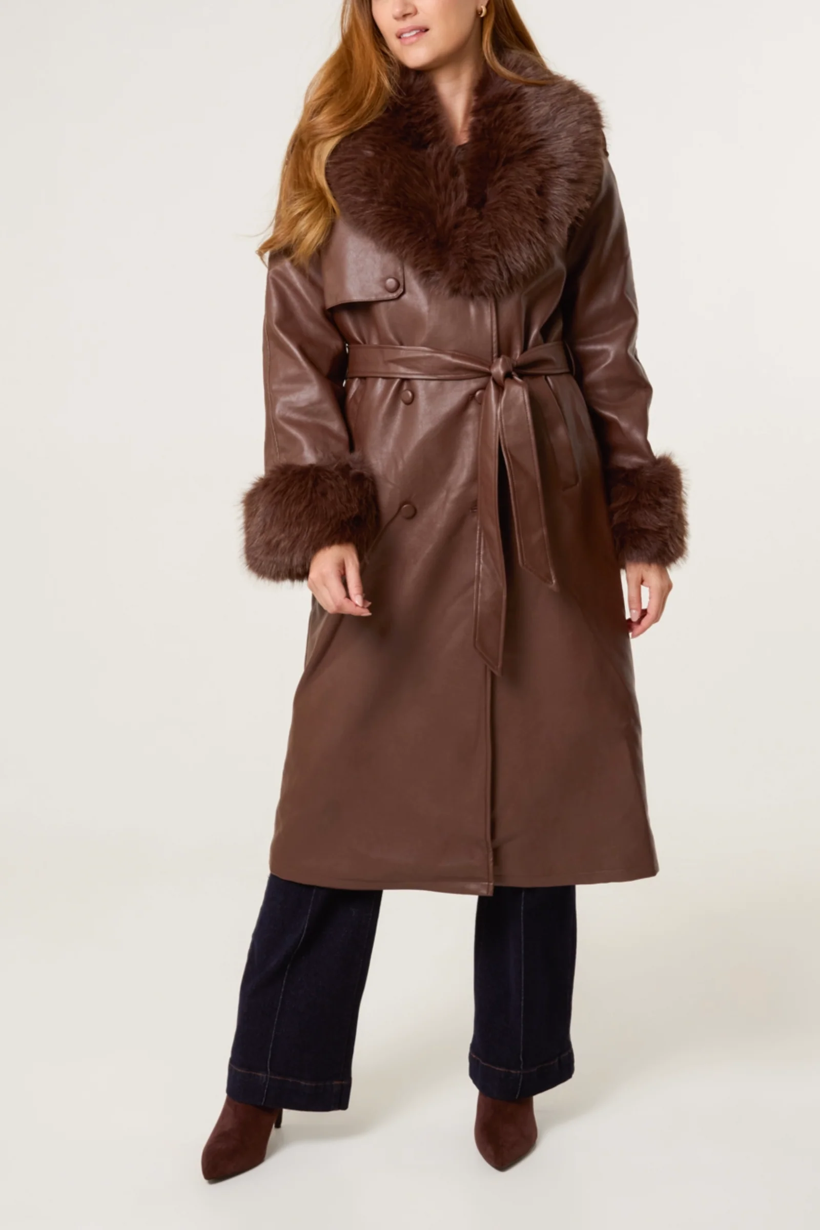 Faux Fur Cuff & Collar Pu Coat