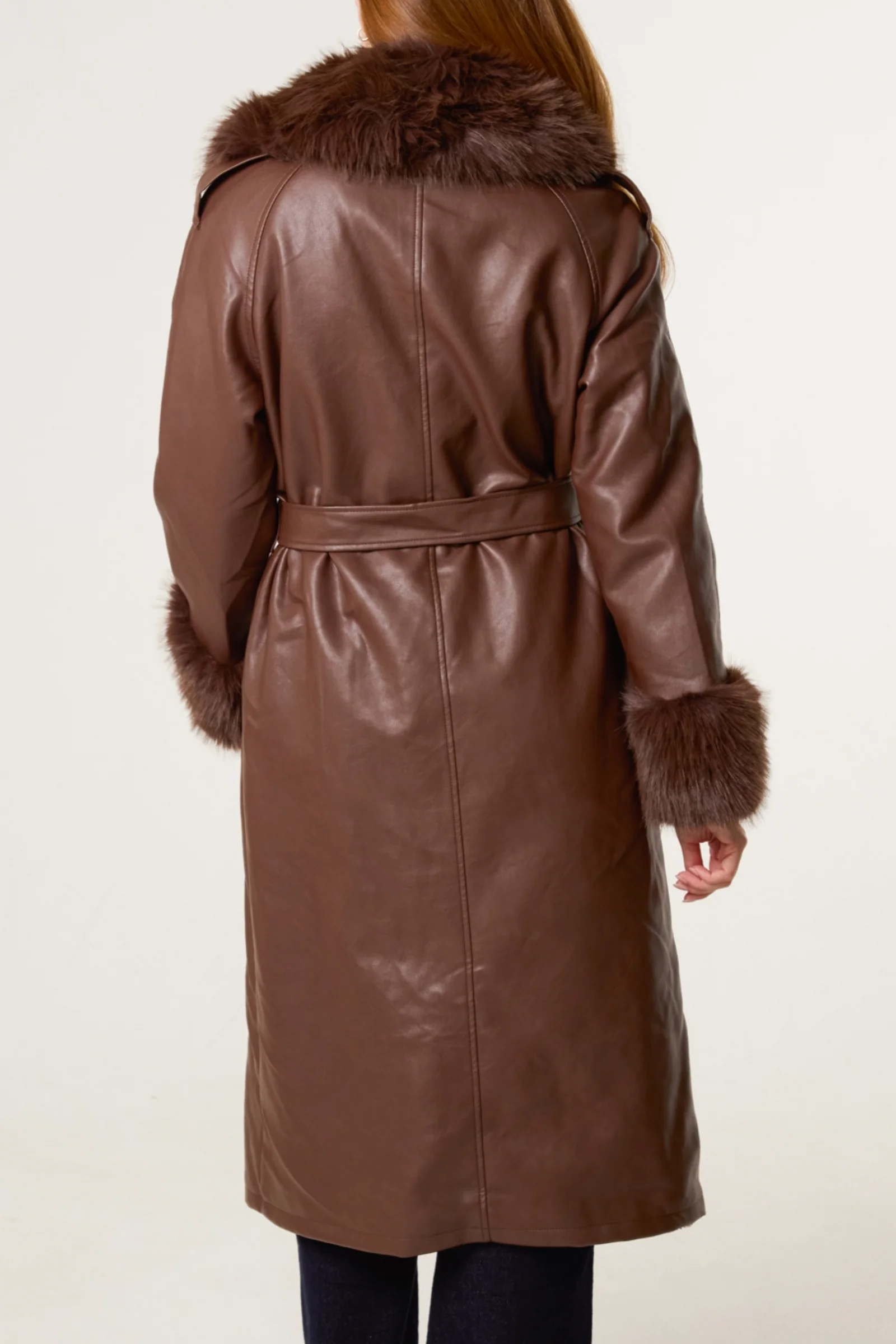 Faux Fur Cuff & Collar Pu Coat