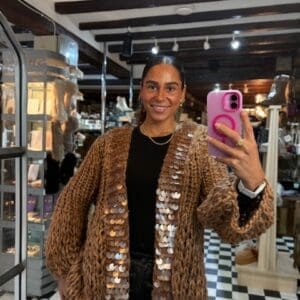 Chunky Knit Sequin Cardigan in Camel