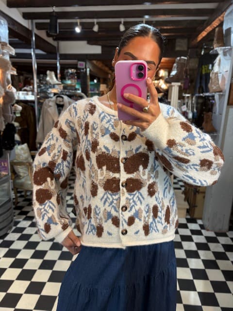 Pattern Chunky Knit Cardigan in Cream
