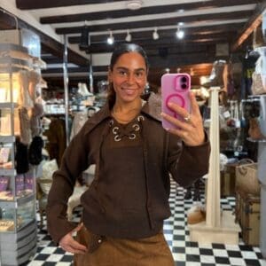 Brown Knit Top with Faux Suede Collar