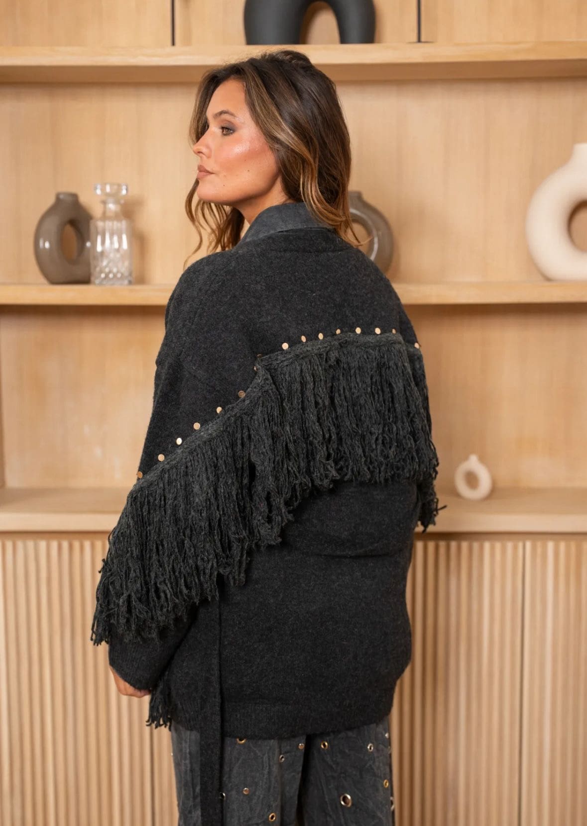 Fringed Knit Stud Detailed Cardigan in 3 Colours - Image 4