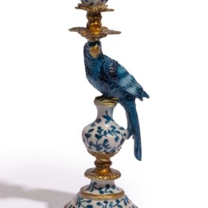 ANTIQUED ORNATE BLUE/WHITE PARROT CANDLE HOLDER