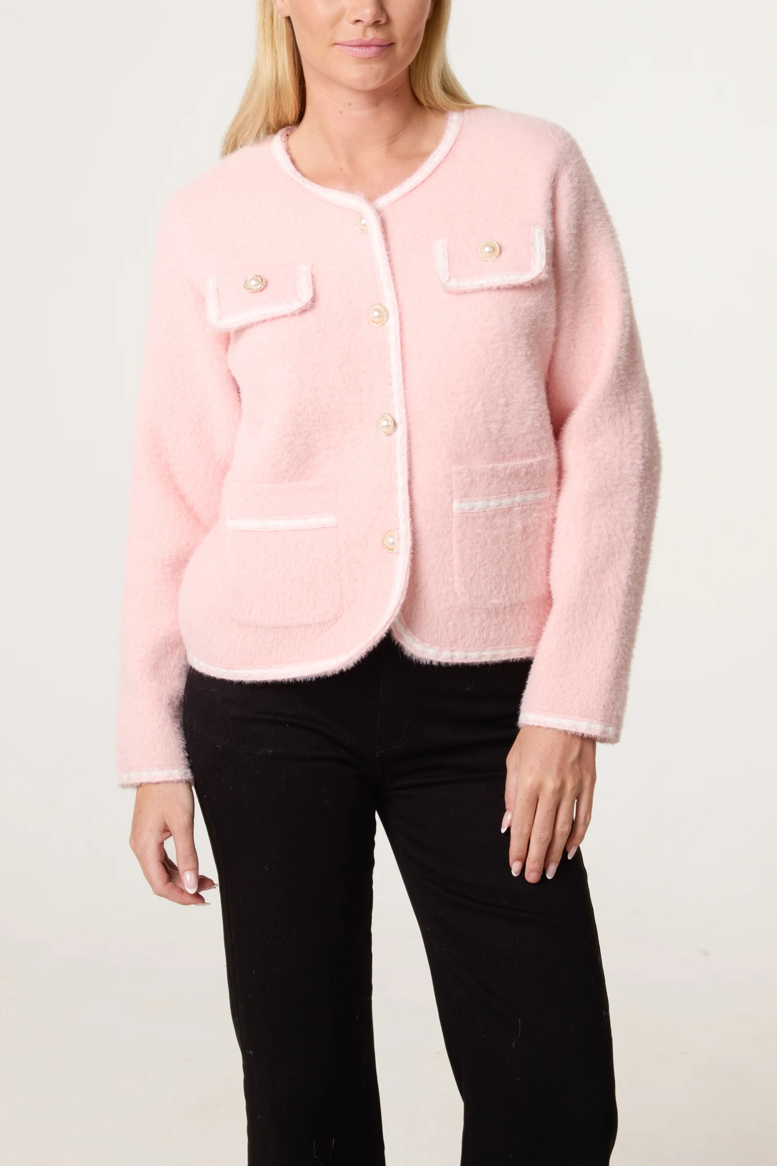 Pearl Button Fluffy Knit Contrast Cardigan