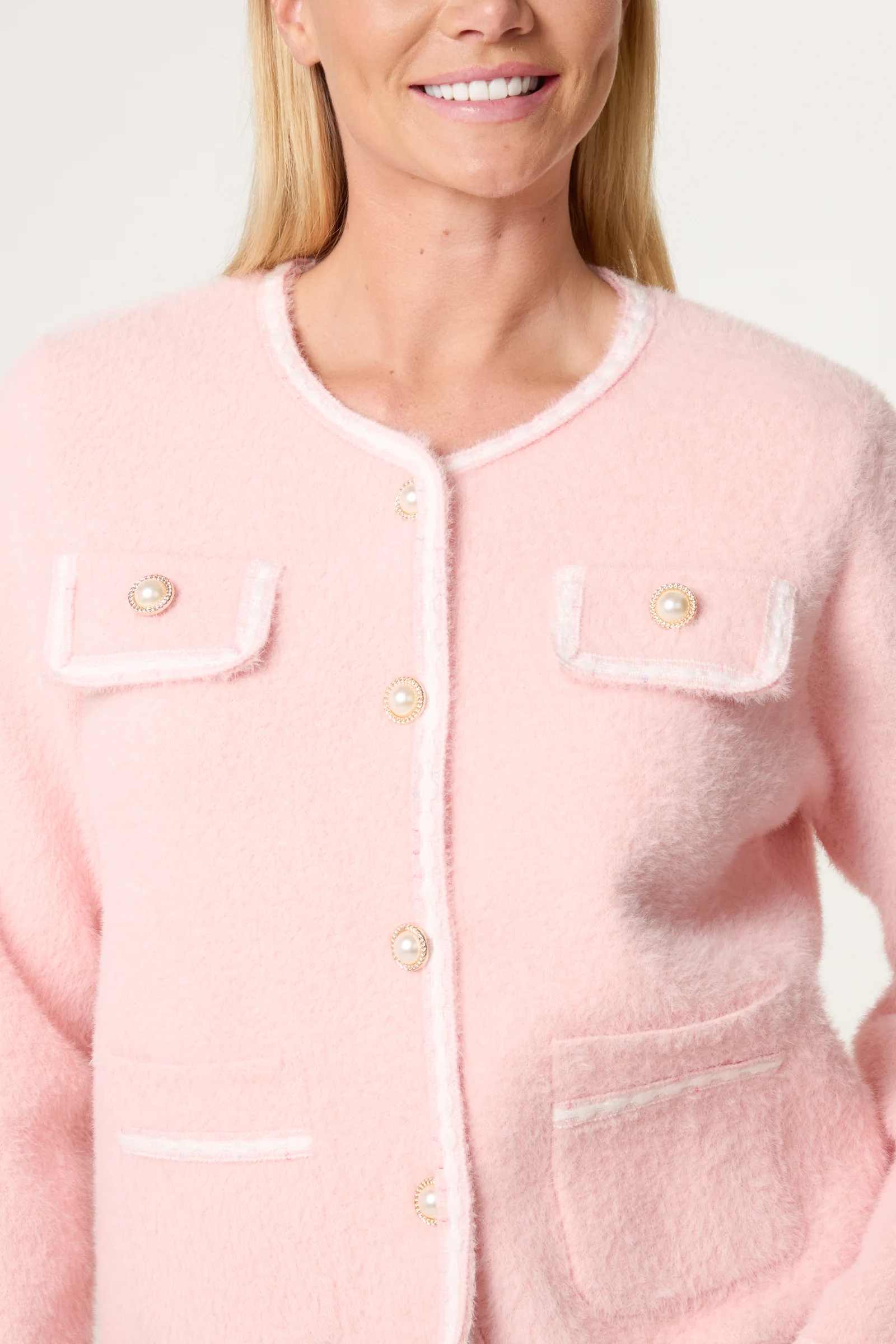 Pearl Button Fluffy Knit Contrast Cardigan
