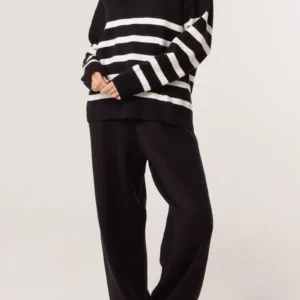 Open Collar Striped Jumper & Trouser Knitted Set Black