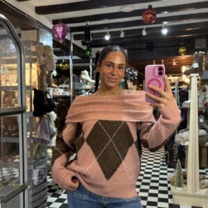Pink & Brown Off the Shoulder Jumper