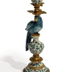 ANTIQUED ORNATE BLUE/WHITE PARROT CANDLE HOLDER