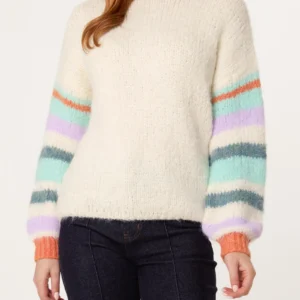 Striped Sleeve Fluffy Knit Jumper