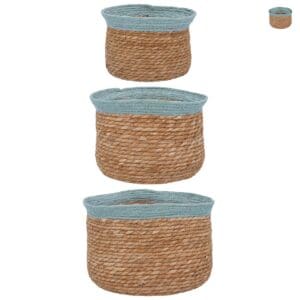 Blue Trim Natural Woven Lined Tub Basket - Set of 3