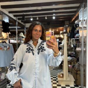 Pinstripe Embroidered Blouse