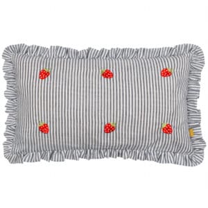 'Les Fruits' Navy Blue and White Stripe Cushion - Strawberries