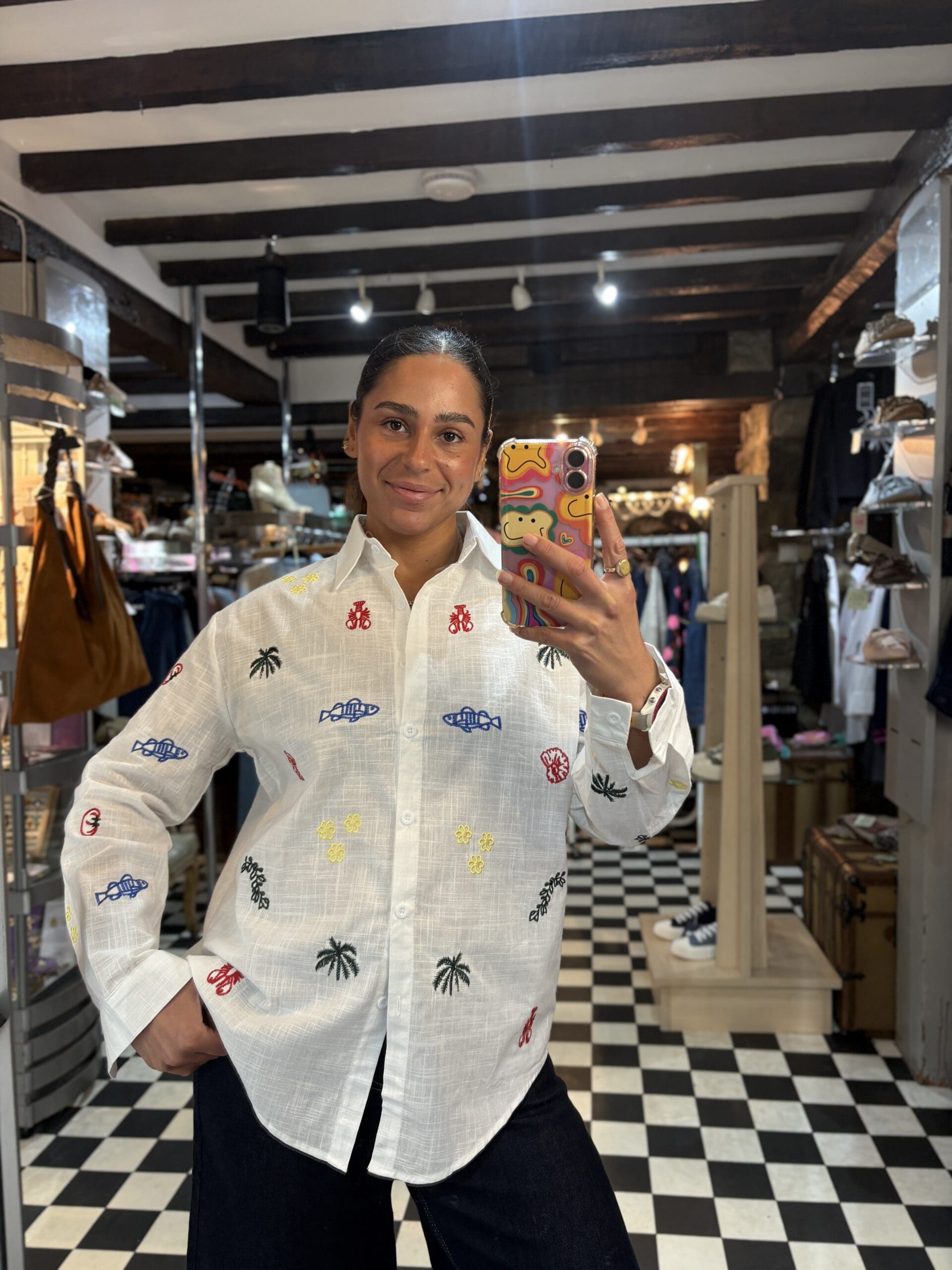 White Summer Symbol Embroidered Shirt