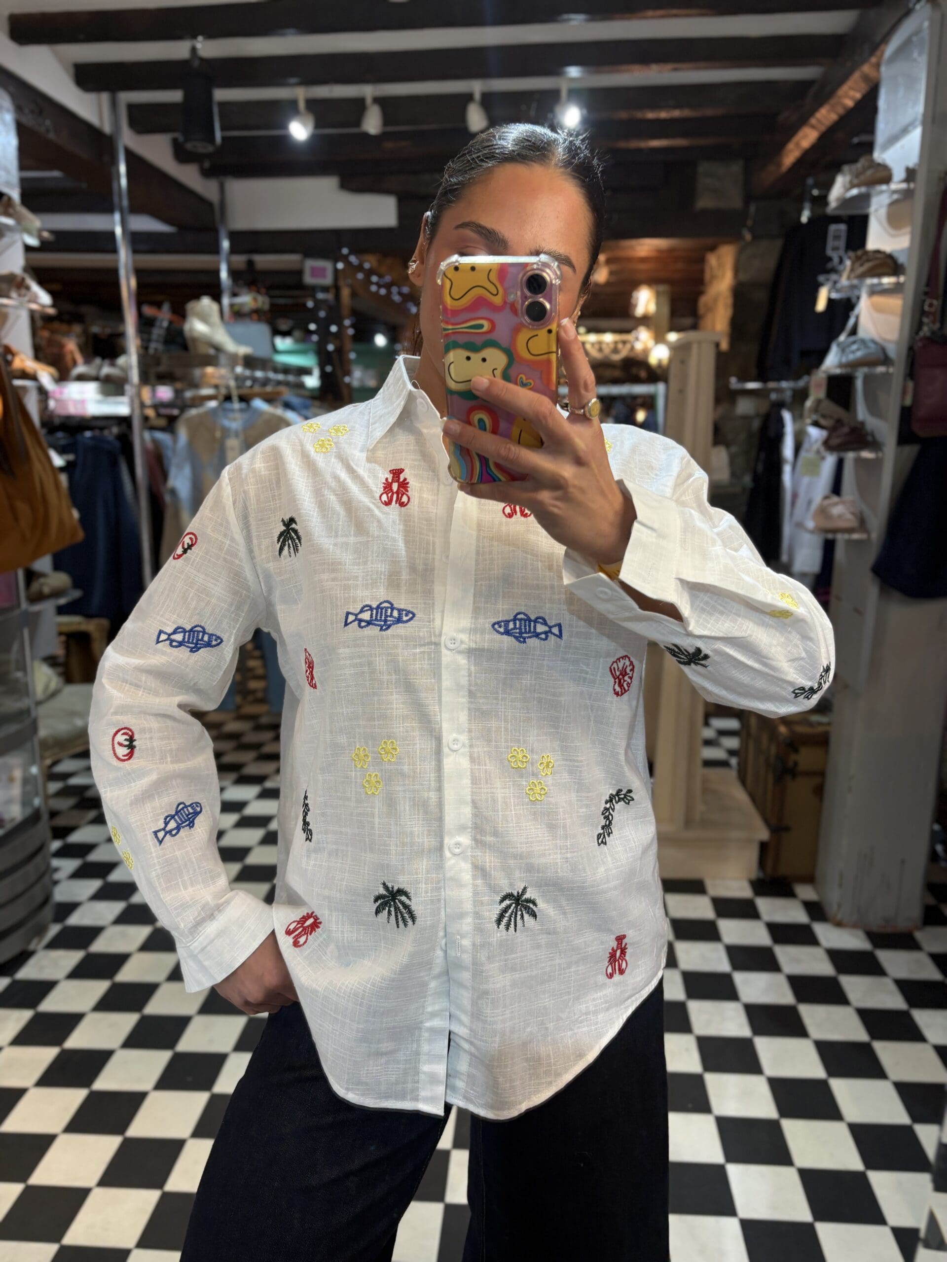 White Summer Symbol Embroidered Shirt