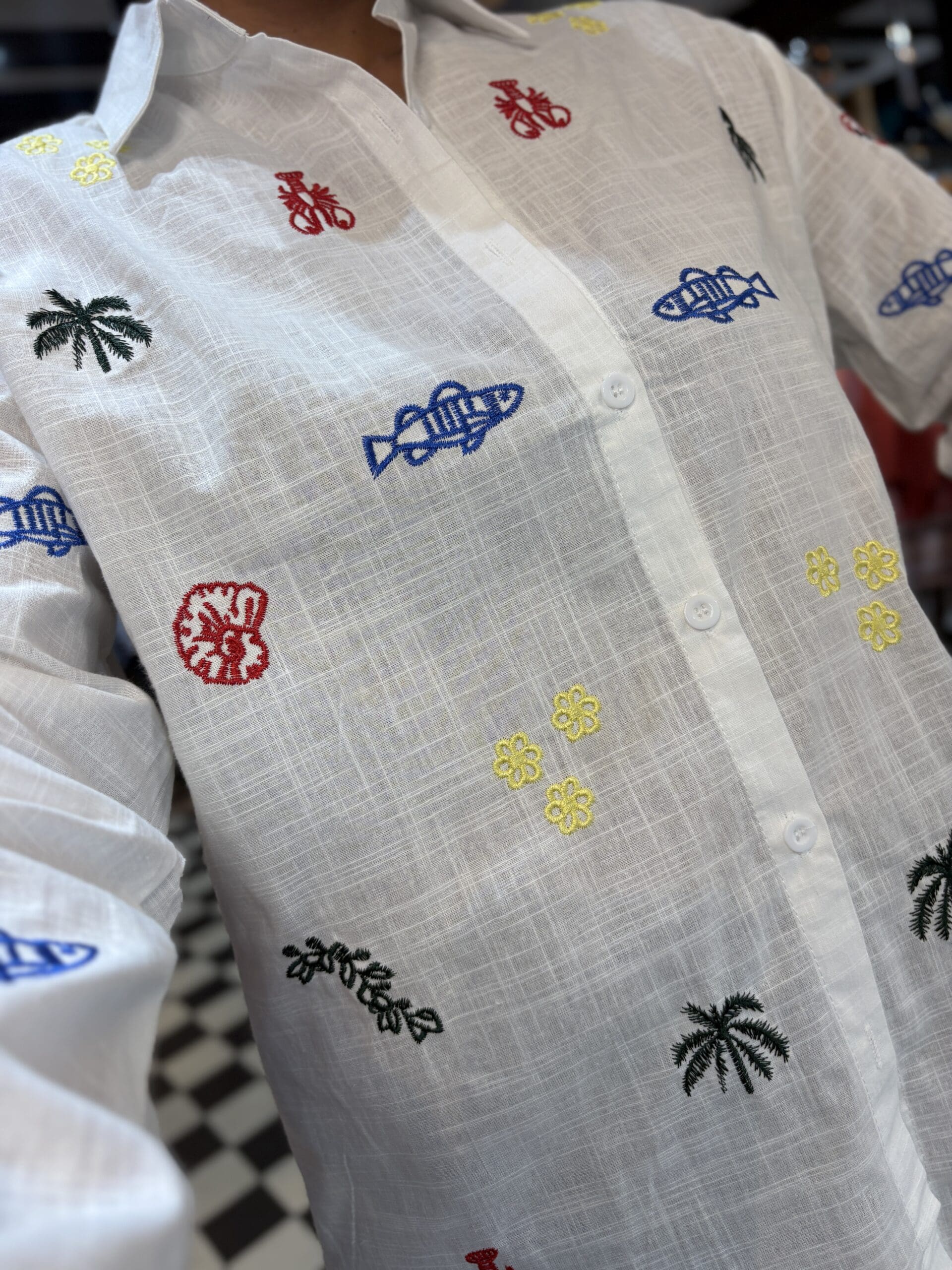 White Summer Symbol Embroidered Shirt