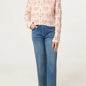 Beaded Heart Pattern Crochet Cardigan