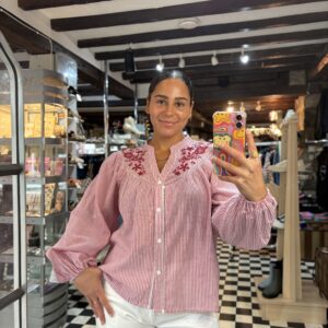 Red Stripe Embroidered Blouse