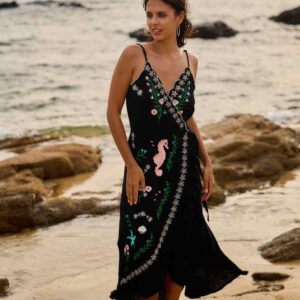 Embroidered Asymmetrical Strappy Wrap Dress