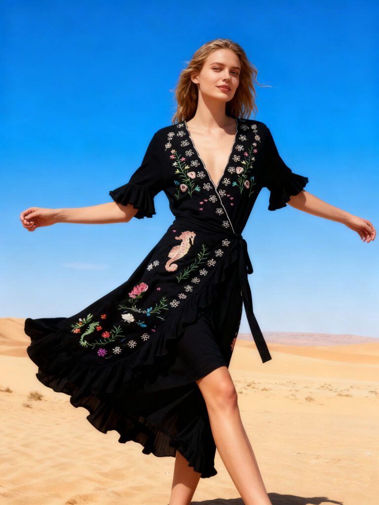 black v neck swarovski crystal embroidered wrap dress Ulla Johnson Loulou Swarovski Velvet Embroidery Midi Dress main image 0