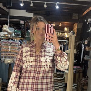 Burgundy Gingham Embroidery Blouse