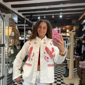 White and Red Embroidered Denim Jacket