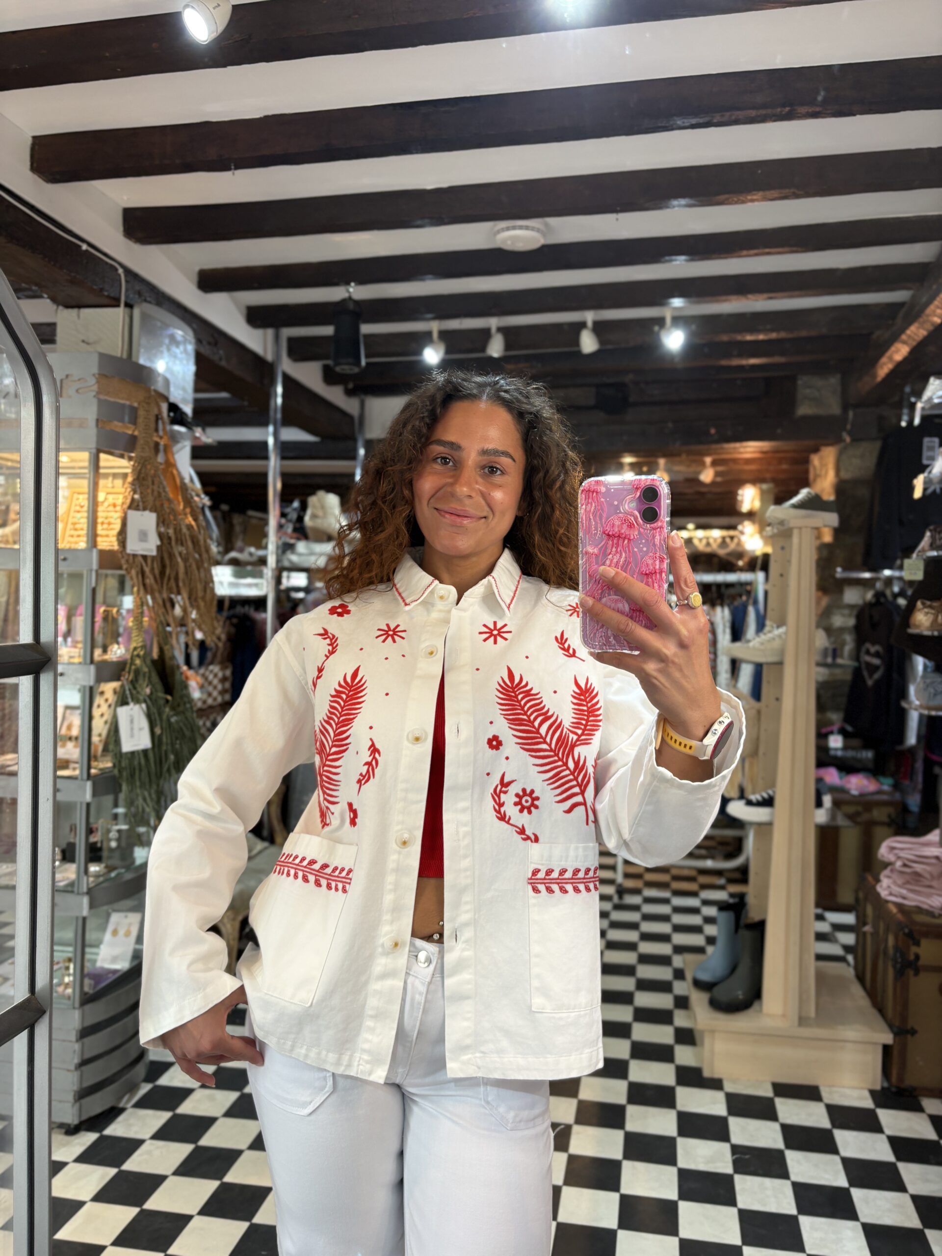 White and Red Embroidered Denim Jacket
