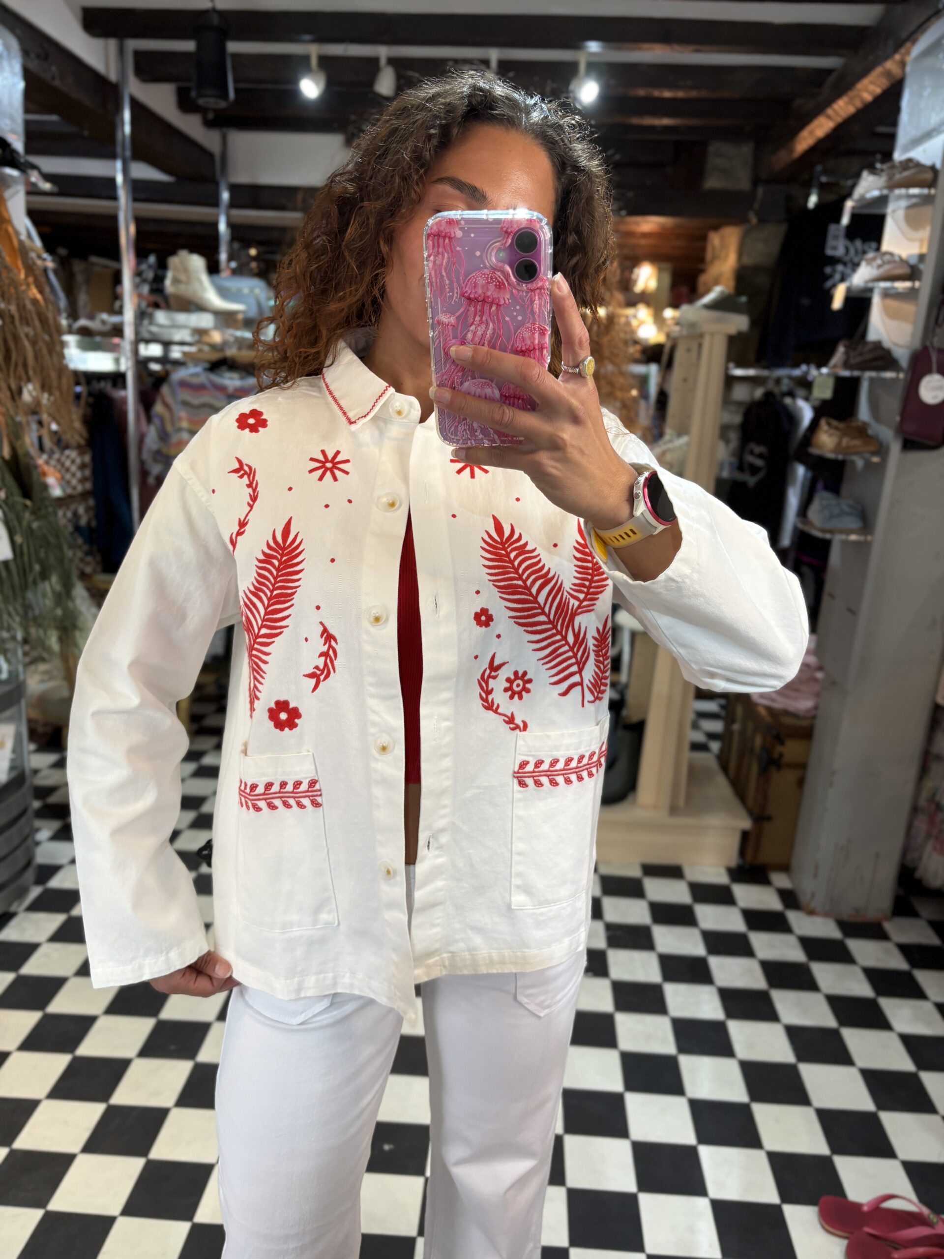 White and Red Embroidered Denim Jacket