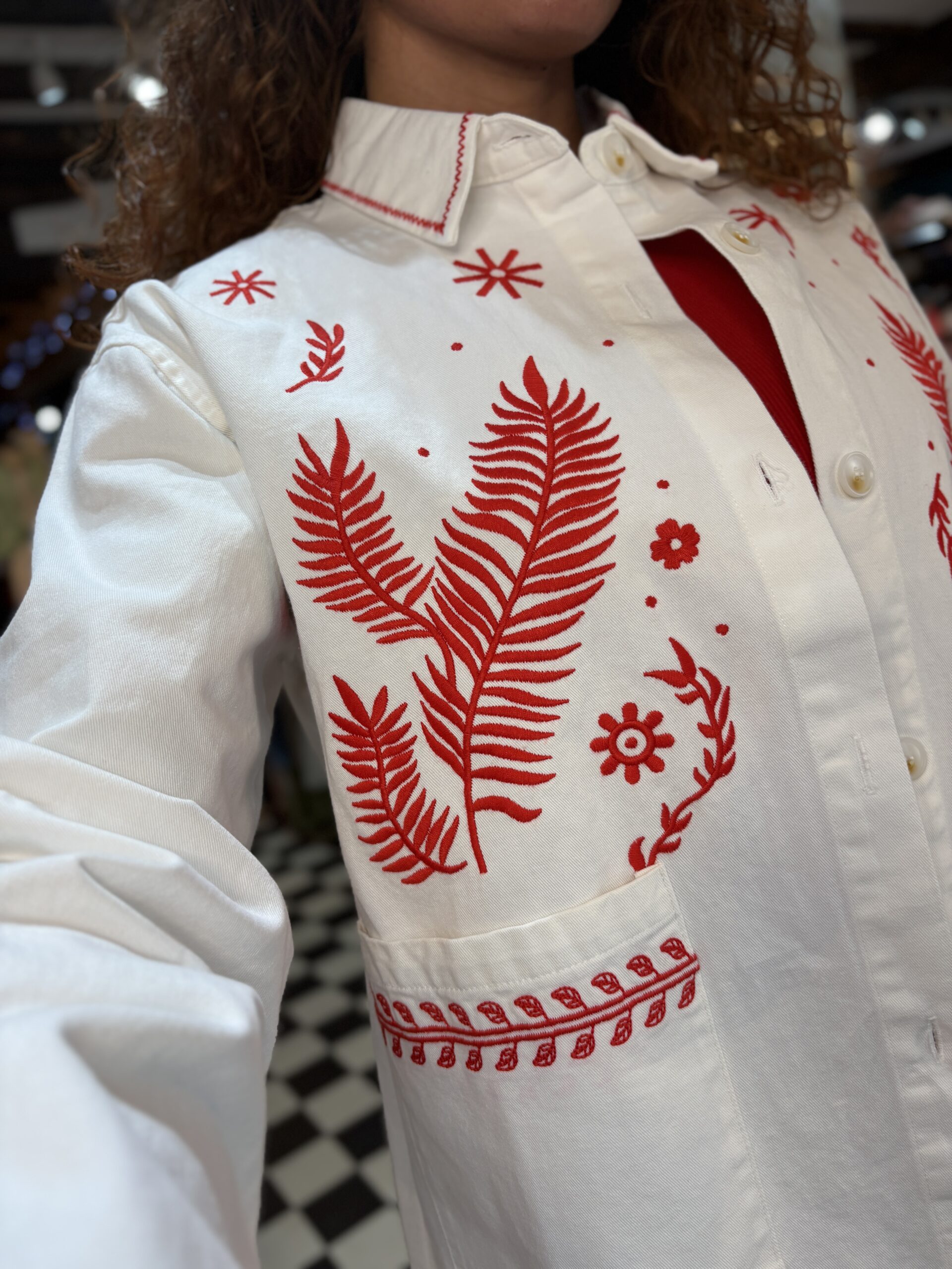 White and Red Embroidered Denim Jacket