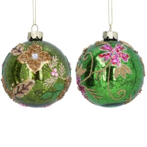 Glass Bauble 8cm - Antique Green/Beaded Flowers