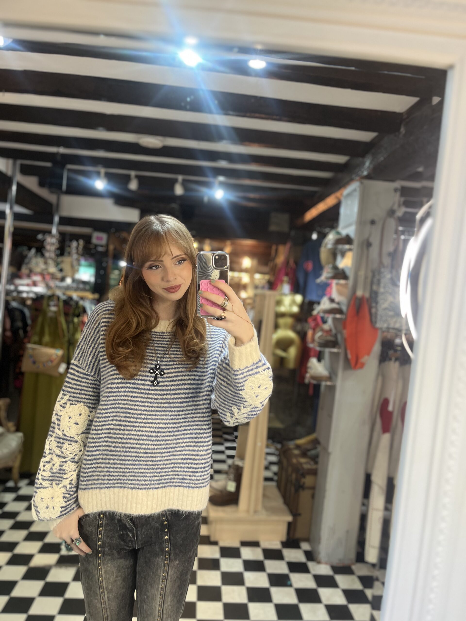 Embroidered Sleeve Striped Jumper in 2 Colours