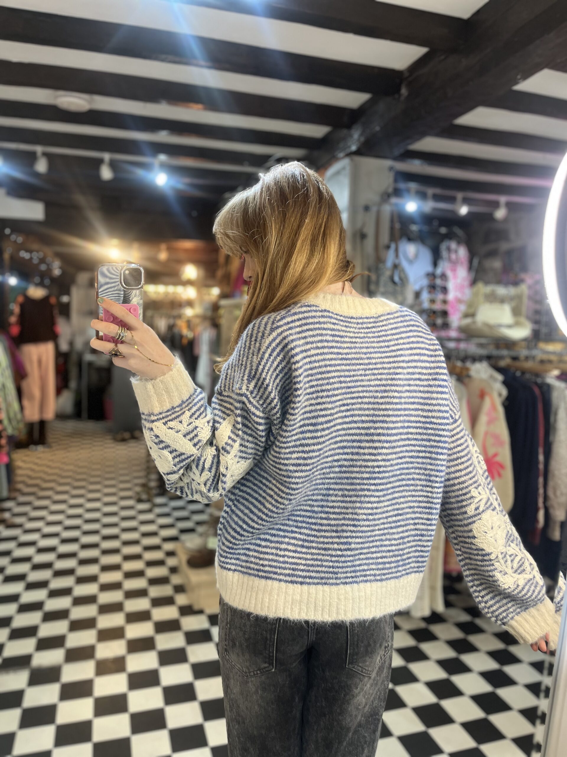 Embroidered Sleeve Striped Jumper in 2 Colours
