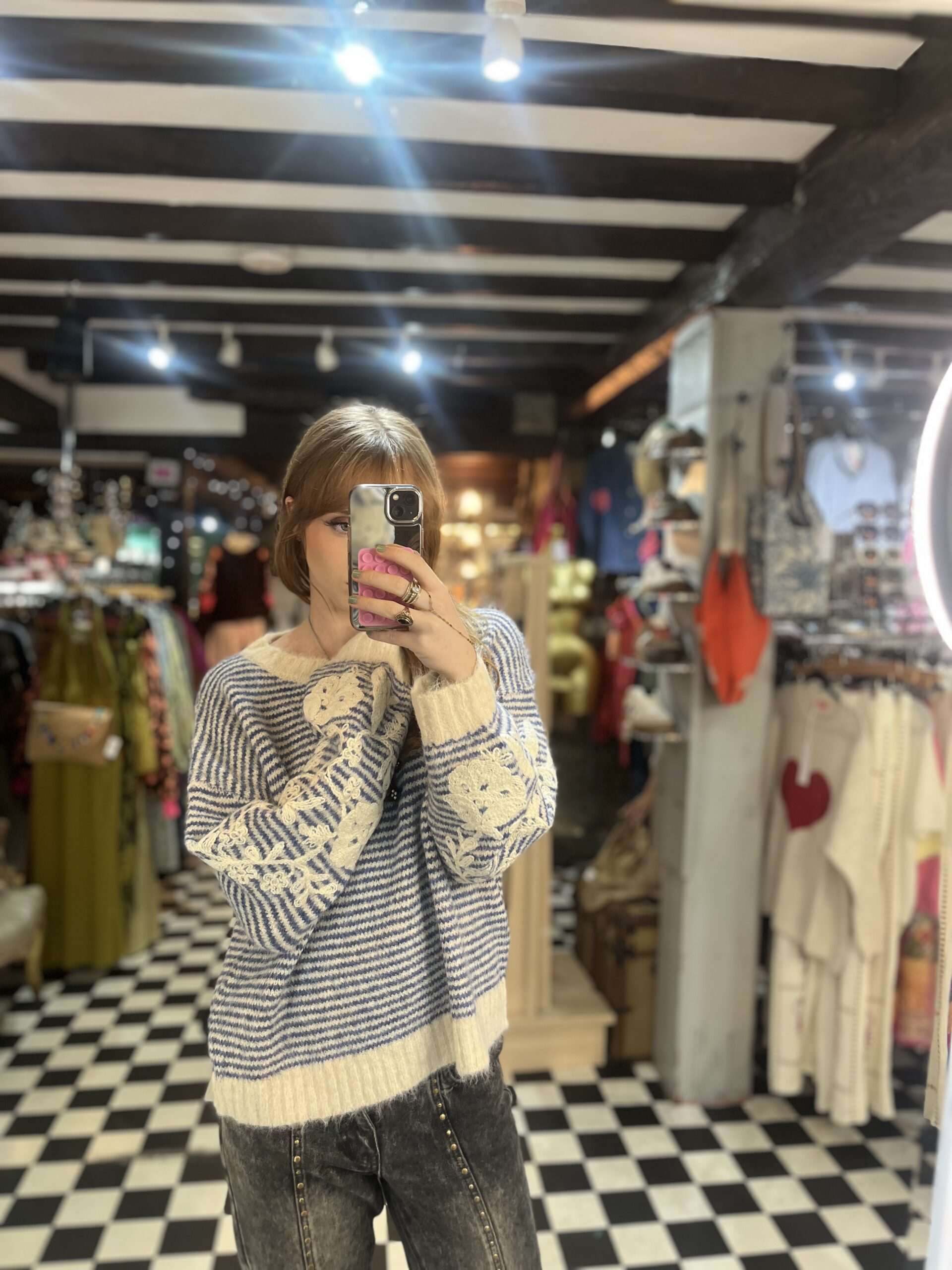Embroidered Sleeve Striped Jumper in 2 Colours