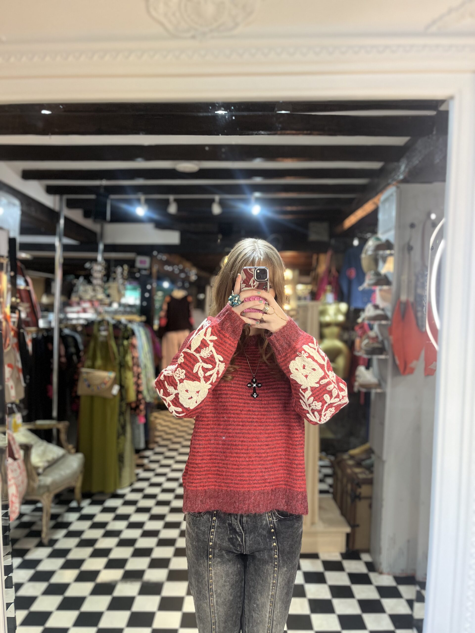 Embroidered Sleeve Striped Jumper in 2 Colours