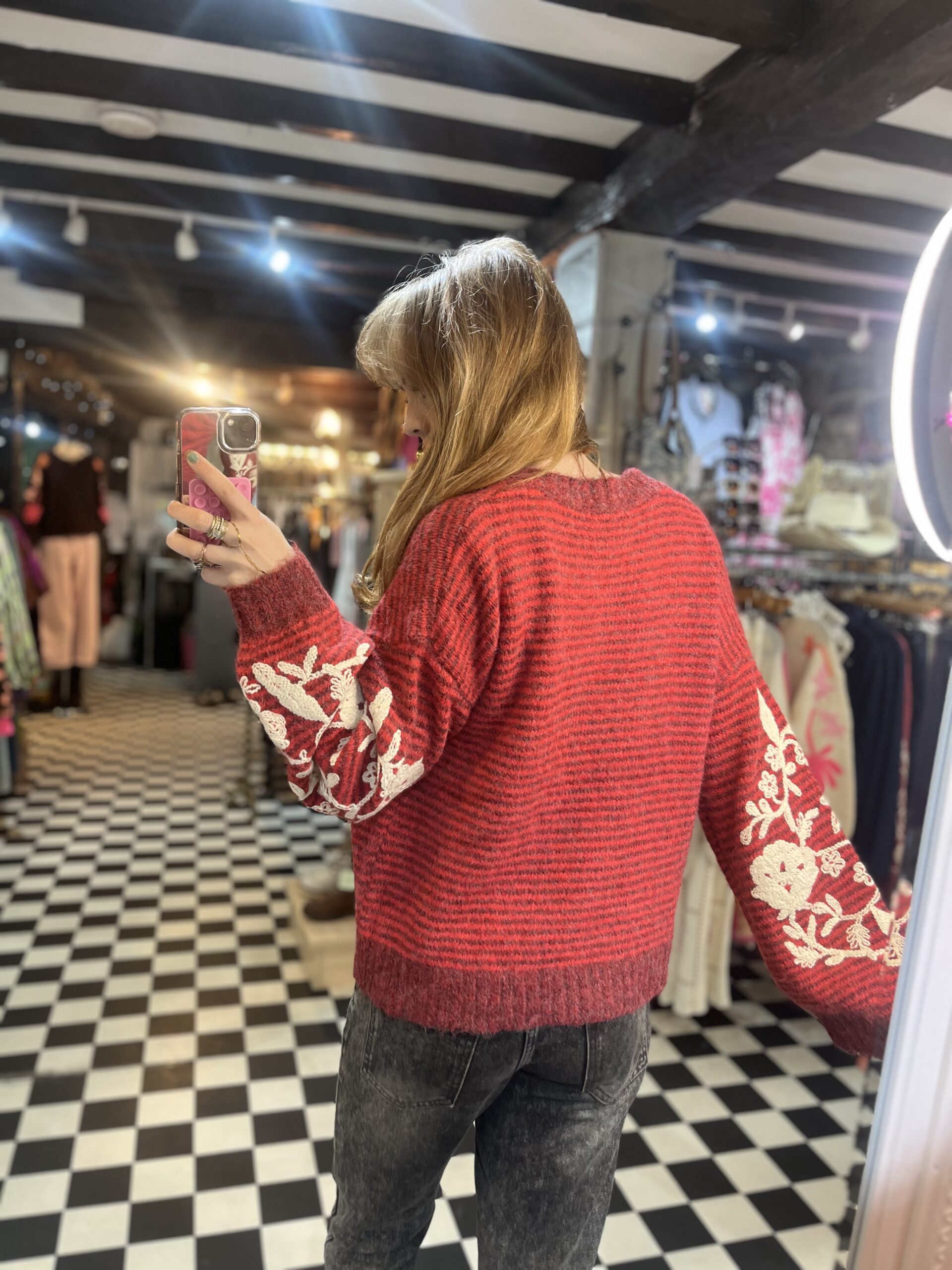 Embroidered Sleeve Striped Jumper in 2 Colours