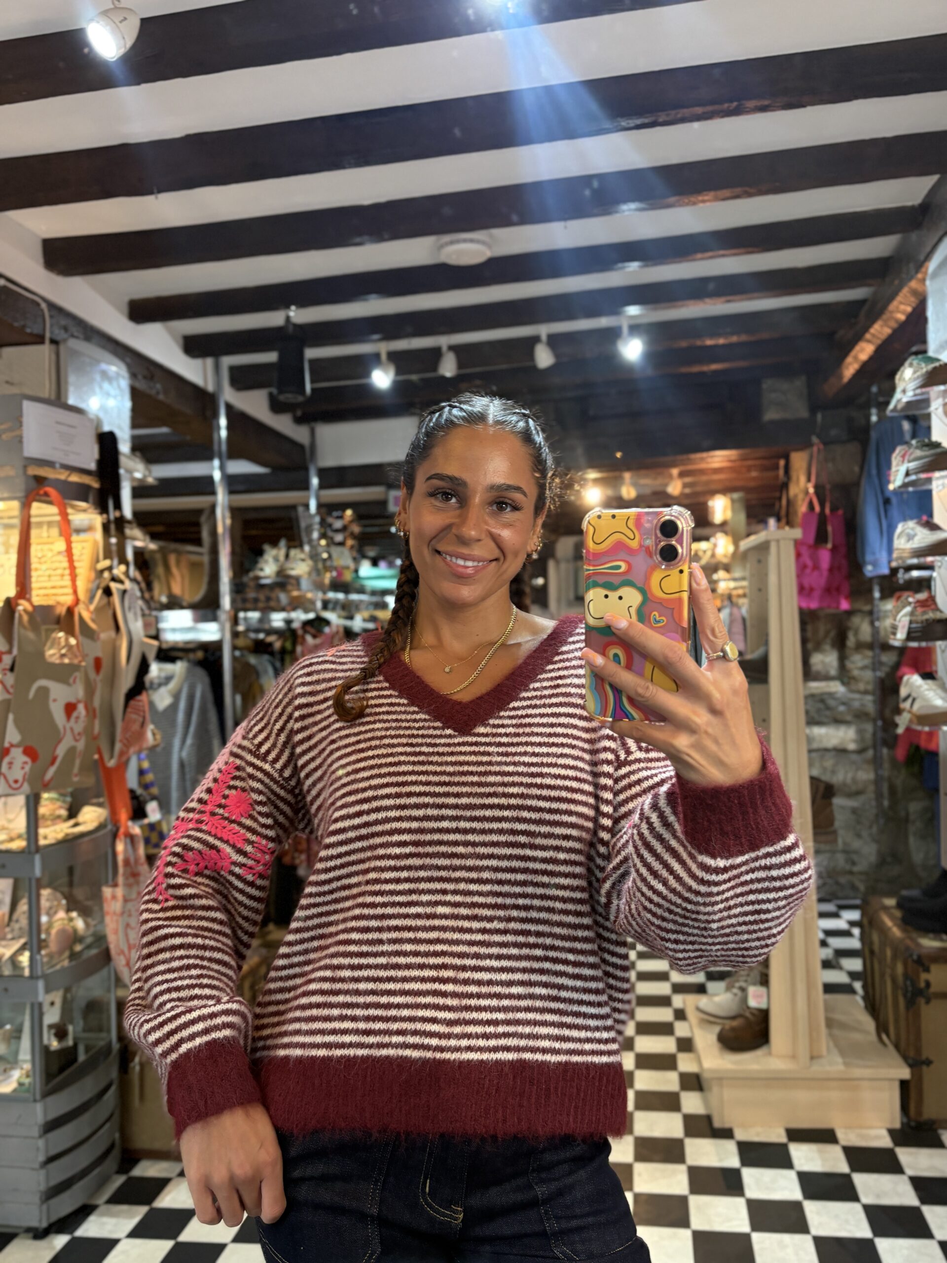 Burgundy Stripe Embroidered Leaf Detail Jumper